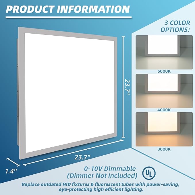 Art3d 1 Pack 2x2 FT LED Flat Panel Light, 3CCT Selectable Color Temperature 3000K/4000K/5000K, 0-10V Dimmable 5500LM Flush Mount Ceiling Light, 20W/30W/40W Drop Ceiling Light, UL&ETL Listed