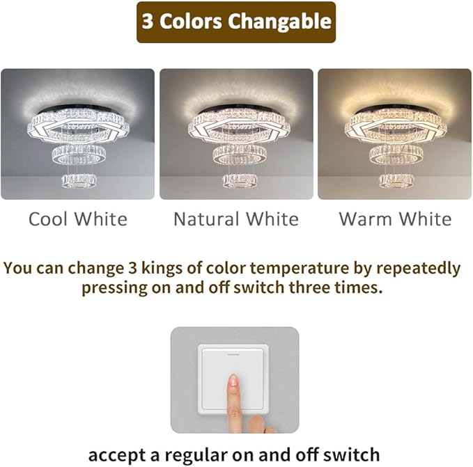 22.5" Modern Crystal Chandeliers Living Room Modern Crystal Ceiling Light 3 Color Change Pendant Light Flush Mount Chandelier for Bedrooms Dining Room Entryway Changeable