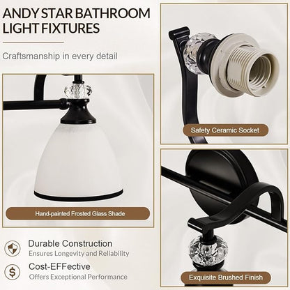 ANDY STAR Bathroom Lighting Fixtures Over Mirror, 2-Light Matte Black Vanity Light with Frosted Glass, Anti-Rust Metal Framed Bathroom Wall Lamp Sconces for Mirror Bedroom, Living Room Hallway