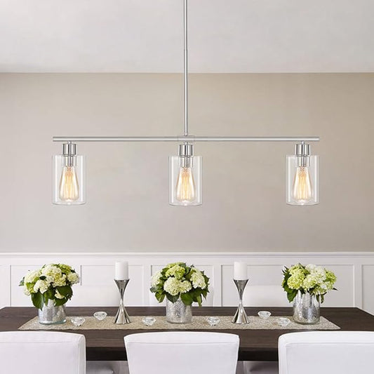 ETONIMERR Brushed Nickel Glass Pendant Lighting Over Island 3 Light Modern Kitchen Pendant Light with Glass Shade Industrial Linear Pendant Lighting for Kitchen Island