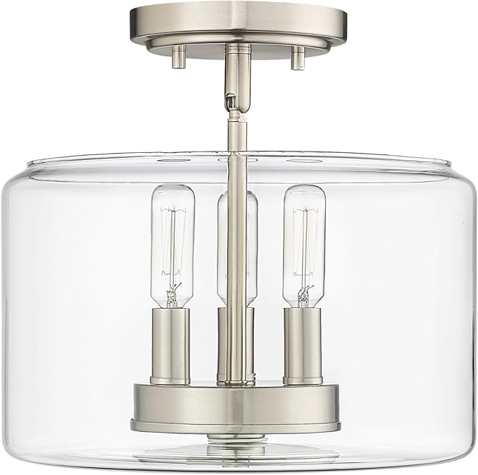 ML Lighting | Asheville Collection | 46923-BN | Metal 3-Light Semi-Flush in Brushed Nickel with Clear Glass Shade | for Compact Spaces Close to Ceiling | Modern Design with an Heirloom Quality