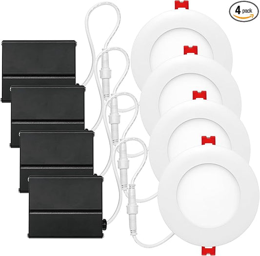 GLOBE Electric 91119 4" Ultra Slim LED Integrated Recessed Lighting Kit 4-Pack, 9 Watts, Energy Star, IC Rated, Dimmable, Wet Rated, White, 4.25" Hole Size, Bathroom Lights, 540 Lumens Each