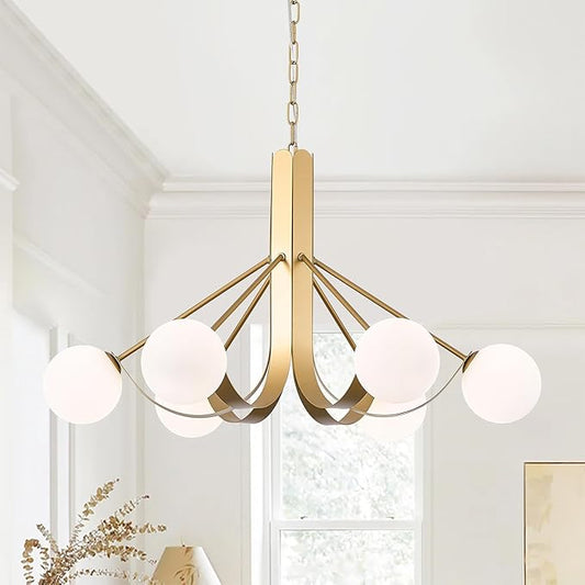 Gold Sputnik Light Fixture Modern Kitchen Chandelier Brassy Gold Bedroom Light Fixtures with Chain 33in Dining Table Light Fixture Mid-Century 6 Light Frosted Glass Chandelier for Living Room Entry