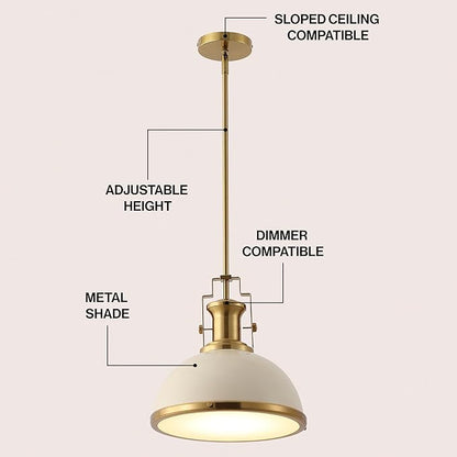 JONATHAN Y JYL9536F 13" Modern Industrial Dome Pendant Light, Farmhouse Hanging Light Fixture in Almond and Brass Gold, Adjustable Height Metal Lighting for Kitchen Island, Dining Room, Entryway