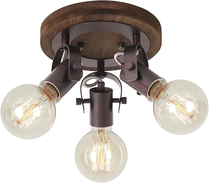 3-Light Rustic Track Lighting, Adjustable Flush Mount Ceiling Light with Espresso Wood Base, Dark Bronze Ceiling Track Light for Kitchen Island, Dining Room, Hallway, Entryway