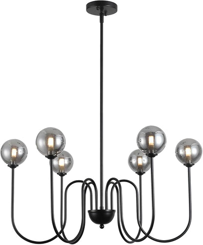 29" Black Modern Glass Chandelier 6-Lights Vintage Farmhouse Chandelier Adjustable Rod Industrial Glass Chandeliers for Dining Room, Bedroom, Kitchen Island, Living Room, Entryway, Hallway, G9