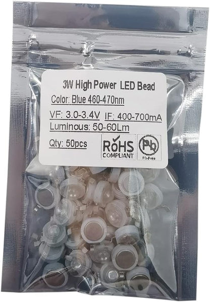 Generic 50 pcs High Power Led Chip on Board 3W Blue (400mA-700mA / DC 3V-3.4V / 3 Watt) Super Bright Intensity SMD COB Light Emitter Components Diode 3 W Bulb Lamp Beads DIY Lighting, Blue(460nm)