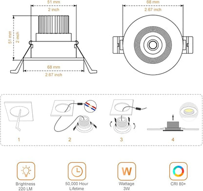 2Inch LED Recessed Ceiling Light, 3W Dimmable LED Downlight, Natural White 4000K, 60 Beam Angle COB Recessed Lights with Driver, 25W Halogen Bulbs Equivalent for Ceiling Lighting, Black 6Pack