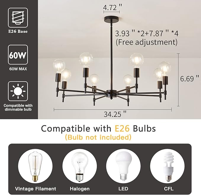 ASGYISA 8-Light Black Sputnik Chandelier Matte Industrial Flush Mount Ceiling Light Fixture Metal Modern Pendant Light for Farmhouse, Bedroom, Kitchen, Dining, Living Room, Island