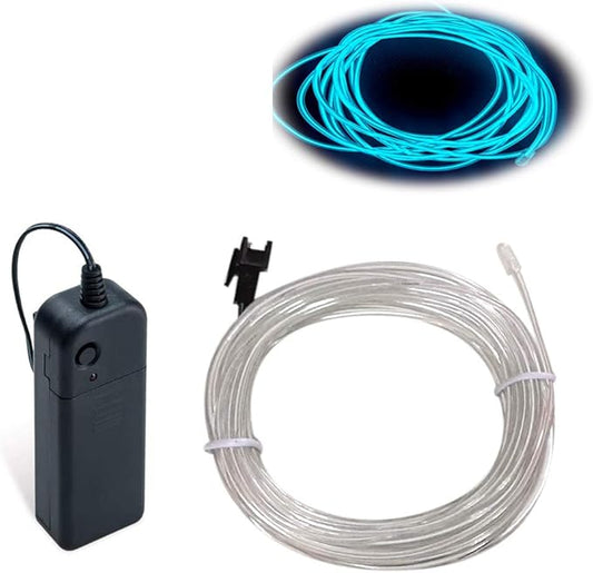 MaxLax EL Wire Ice Blue, 16.4ft/5m Portable Battery Pack Neon Light Strip 360° Cuttable Glowing Rope Lights for Parties, Halloween, DIY Decoration