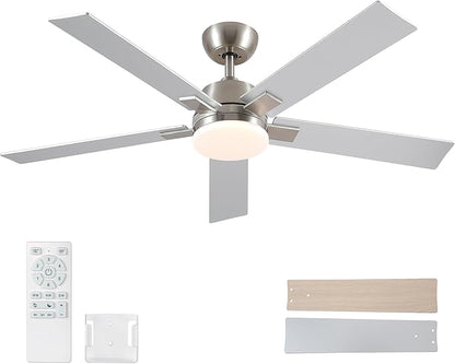 Rayqueen 52 Inch Ceiling Fans with Lights and Remote, 6 Speed Reversible DC Motor, 3CCT Dimmable LED, Modern Brushed Nickel Ceiling Fan for Bedroom, Living room & Covered Outdoor,Includes Downrod