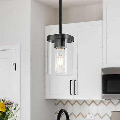 Modern Pendant Light Fixtures 3-Pack, Matte Black Pendant Lights Kitchen Island with Square Transparent Glass, Glass Pendant Light for Dining Room, Bedroom, Living Room, Farmhouse