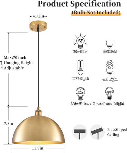 Gold Pendant Lights, 11.8" Farmhouse Pendant Light for Kitchen Island, Vintage Pendant Light Fixtures for Dining Room, Living Room, Bedroom, Dome Pendant Lighting, 2 Pack