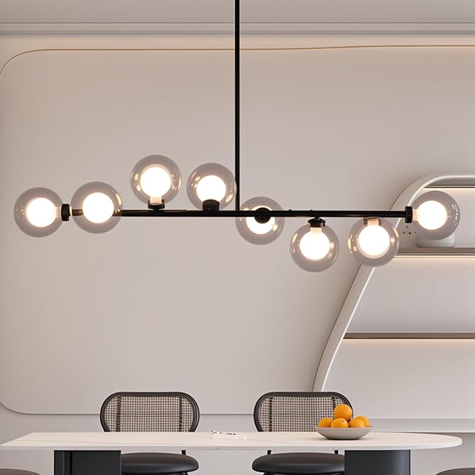 Black Sputnik Chandelier, 8 Lights Modern Bubble Chandelier with Double Glass Lampshade, Mid Century Globe Pendant Lights for Dining Room Kitchen Island - Black