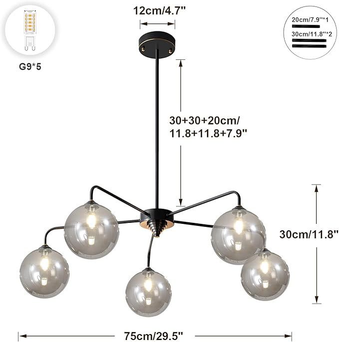 Mid Century Modern Chandelier Smoky Gray Clear Glass Globe Ceiling Light Fixture 5 Light Black Sputnik Chandelier for Kitchen Dining Room Bedroom