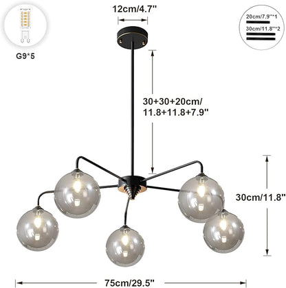 Mid Century Modern Chandelier Smoky Gray Clear Glass Globe Ceiling Light Fixture 5 Light Black Sputnik Chandelier for Kitchen Dining Room Bedroom