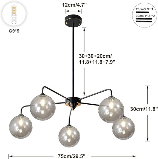 Mid Century Modern Chandelier Smoky Gray Clear Glass Globe Ceiling Light Fixture 5 Light Black Sputnik Chandelier for Kitchen Dining Room Bedroom