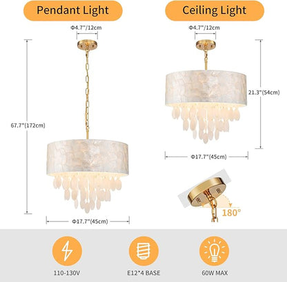 LumFurn 4-Light Drum Capiz Shell Chandeliers, Coastal Style Pendant Light Fixture for Dining Room, Living Room, D18 x 21~68"(Adjustable Height), Shell Lampshade & Gold Finish