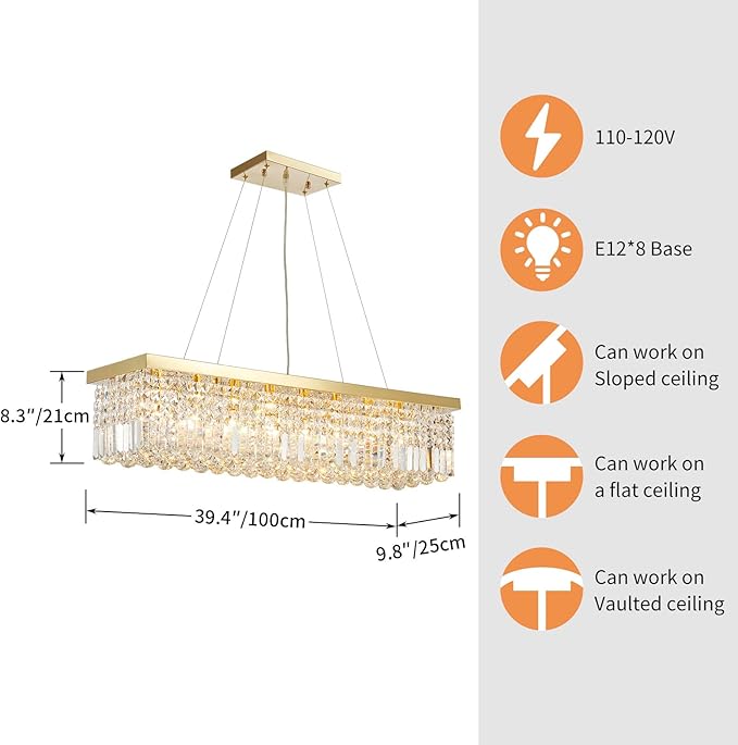 Saint Mossi 8-Lights K9 Crystal Chandelier for Dining Room, Rectangular Pendant Light Fixture for Kitchen Island, Raindrop Chandelier, X-Large Size, Chain Adjustable
