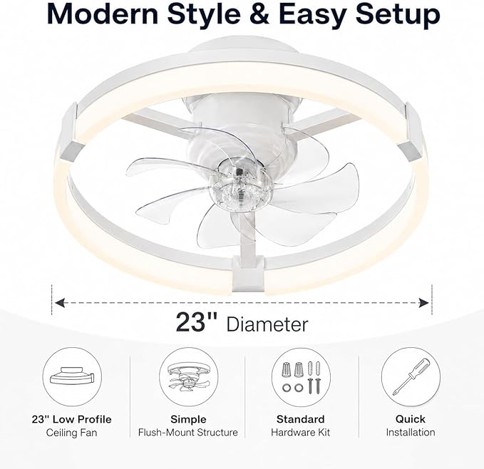 23" Low Profile Ceiling Fan with Lights and Remote, Modern White Flush Mount Bladeless Ceiling Fan, App Control Smart Fandelier, 6 Speeds Reversible Motor, Dimmable LED Fan Light for Bedroom, Kitchen