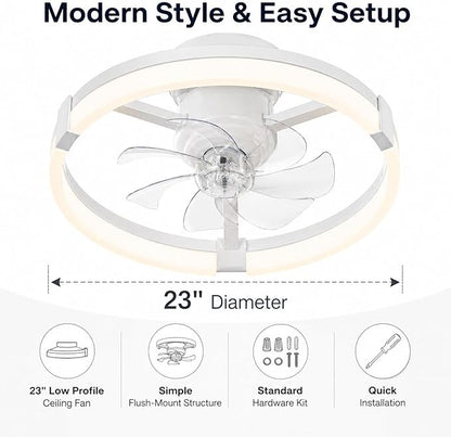 23" Low Profile Ceiling Fan with Lights and Remote, Modern White Flush Mount Bladeless Ceiling Fan, App Control Smart Fandelier, 6 Speeds Reversible Motor, Dimmable LED Fan Light for Bedroom, Kitchen