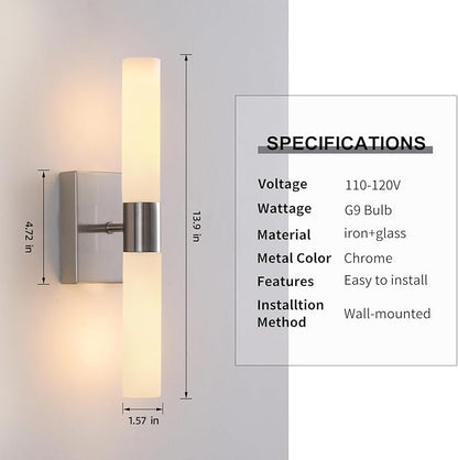 KUZZULL Wall Sconces Set of Two Brushed Nickel Bathroom Sconces Wall Decor Set of 2 Modern Wall Light Fixtures Metal Sconces Wall Lighting with Frosted Glass Shade Wall Mounted Lamp