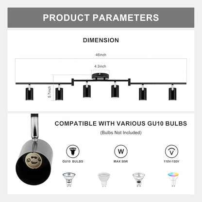 Ketom 6-Light Track Lighting Fixtures Ceiling, GU10 Black Led Ceiling Spotlight, Modern Track Light Kit for Kitchen Hallway Bedroom Living Room