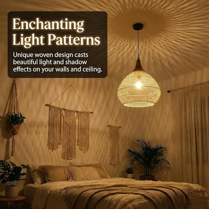 Rattan Pendant Light, 15.7" Rattan Chandelier Hand-Woven Boho Pendant Light Fixtures with Solid Wood, Basket Wicker Chandelier for Dining Room Kitchen Island Living Room