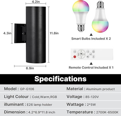 RGBCW Outdoor Wall Light 1 Pack, Smart Porch Light Dusk to Dawn Lighting with Remote Control, WiFi Outdoor Wall Sconce, Compatible with Alexa, Exterior Lights for House Porch Garage