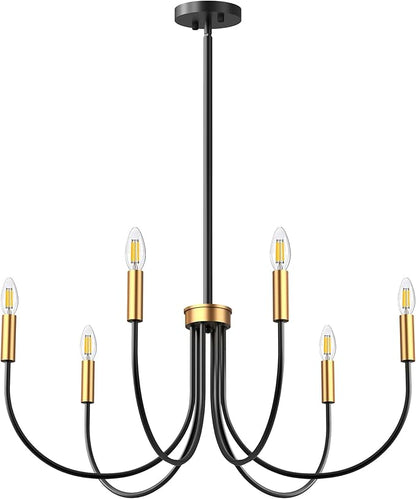 Dining Room Chandelier, ropelux 6-Light Black & Gold Farmhouse Light Fixtures Over Table, Hanging Height Adjustable Kitchen Island Lighting with E12 Base (Bulb not Included) for Foyer Bedroom Entryway