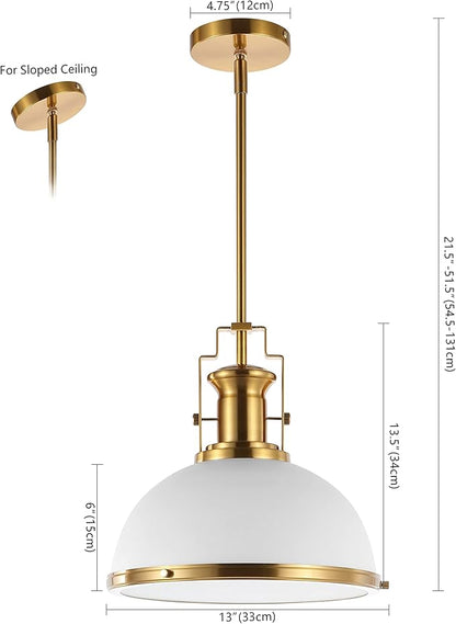 JONATHAN Y 13" Brass Gold/White Modern Industrial Iron LED Dome Pendant Light, Adjustable Hanging Fixture for Kitchen Island or Entryway, White Metal Shade, LED Bulb Included (JYL9536D)