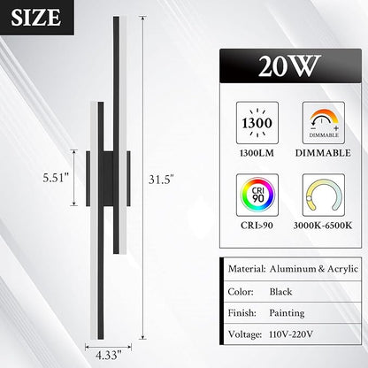 LED Wall Sconce Black Modern Remote Wall Light Fixtures for Living Room, Dimmable LED Vanity Light Indoor Remote Wall Sconce for Bedside Bedroom Bathroom Dining Room, 31.5inch 1 Pack
