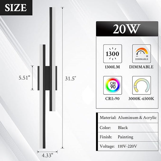 LED Wall Sconce Black Modern Remote Wall Light Fixtures for Living Room, Dimmable LED Vanity Light Indoor Remote Wall Sconce for Bedside Bedroom Bathroom Dining Room, 31.5inch 1 Pack
