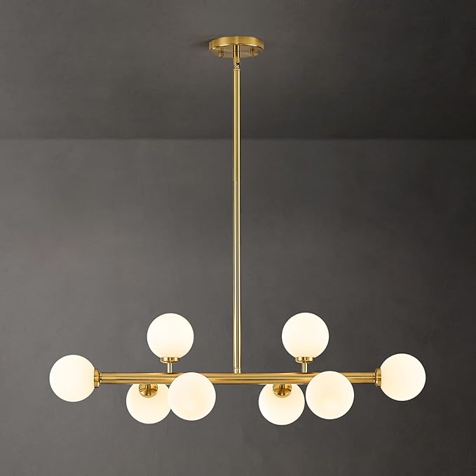 Mid Century Modern Globe Sputnik Chandelier, 8-Light Linear Chandeliers for Dining Room and Kitchen Island, Dining Light Fixture Over Table, Brass Gold and Milk White Glass Bubble, 32 Inch
