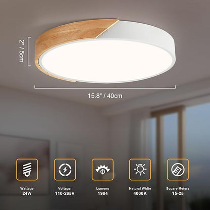 Modern LED Ceiling Light, Minimalist Wood Flush Mount Ceiling Light Fixture, 4000K Not Dimmable, Circle Lighting Lamp with Acrylic Lampshade for Bedroom Dining Room Laundry (White, 15.8'')