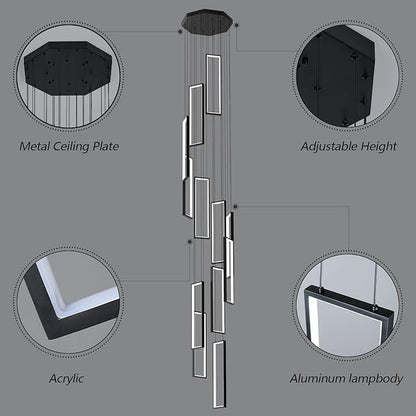 Modern Adjustable Height Pendant Light Fixture Black 252W LED Pendant Lights 12 Rings Rectangular Chandelier Staircase Large Chandelier Lobby Living Room Foyer High Ceiling Chandeliers