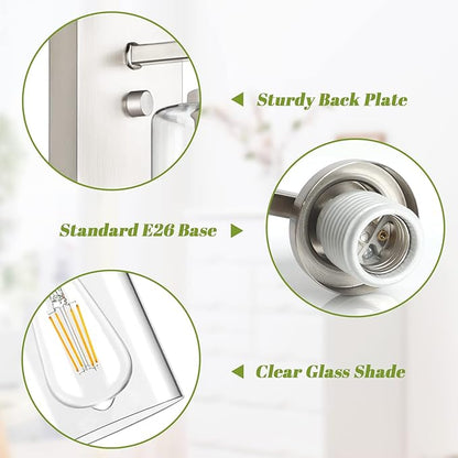 Set of 2 Wall Sconces for Bathroom, Brushed Nickel Vanity Light Fixtures, Modern Wall Mount Lighting Lanterns, Farmhouse Wall Lamps with Clear Glass Shade for Bedroom Living Room Mirror Hallway Porch