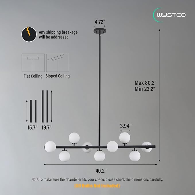 Mid Century Modern Globe Sputnik Chandelier, 9-Light Linear Chandeliers for Dining Room and Kitchen Island, Dining Light Fixture Over Table, Black and Milk White Glass Bubble, 40 Inch