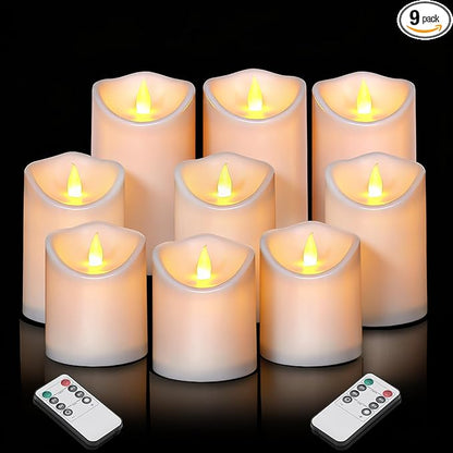 Flameless Candles 4" 5" 6" Outdoor Indoor Pillars Battery Operated Flickering Candles Include 10-Key Remote Timer 400+ Hours by 2 AA Batteries (White Candle - Warm light, 3"D x 4"|5"|6" H - 9 Pack)