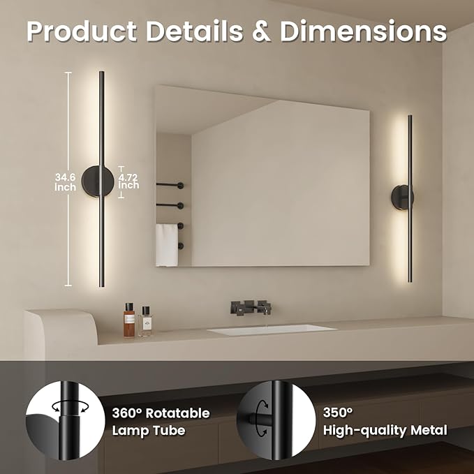 JOFIOS Battery Operated Wall Sconces Set of 2, 360°Rotation Wireless Rechargeable Wall Lights: Dimmable Detachable Wall Lamp with Remote Control, 3000K-6000K Infinite Dimming Wall Sconce 34.7 Inch