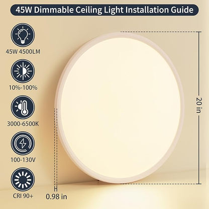 16 Inch Dimmable Ceiling Light Flush Mount 36W Remote Control LED Fixture 3600LM 3000K-6500K Adjustable Round Bright Lamp for Bedroom Kitchen Living Room Dining Bathroom White