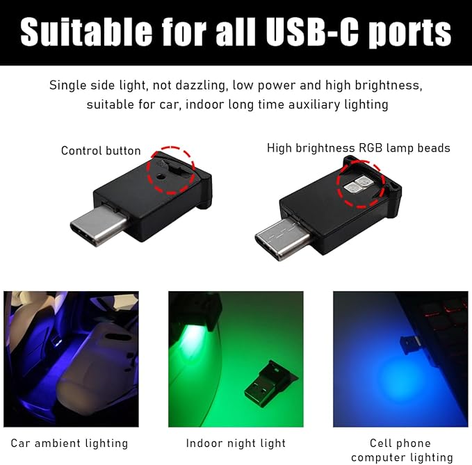 povtii 2PCS USB Type C LED Ambient Light, Mini 8 Colors RGB LED Light, Adjustable Brightness Interior Atmosphere Lamp for Automotive, Home, Laptop, Lighting Parts Car Accessories