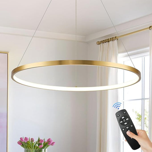 Brushed Gold LED Ring Chandelier 1-Ring 24" Remote Control Dimmable Flush Mount Pendant Chandelier for Dinning Room Office Kitchen Living Room,3000-6500K