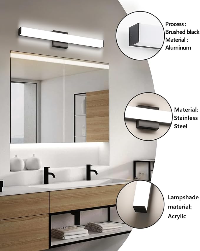 Bathroom Vanity Light Brushed Nickel Square LED 24 inch 14W 4000K Natural White Light Wall Bar Lighting Fixtures Over Mirror (Matte Black, 24inch 4000K Dimmable)