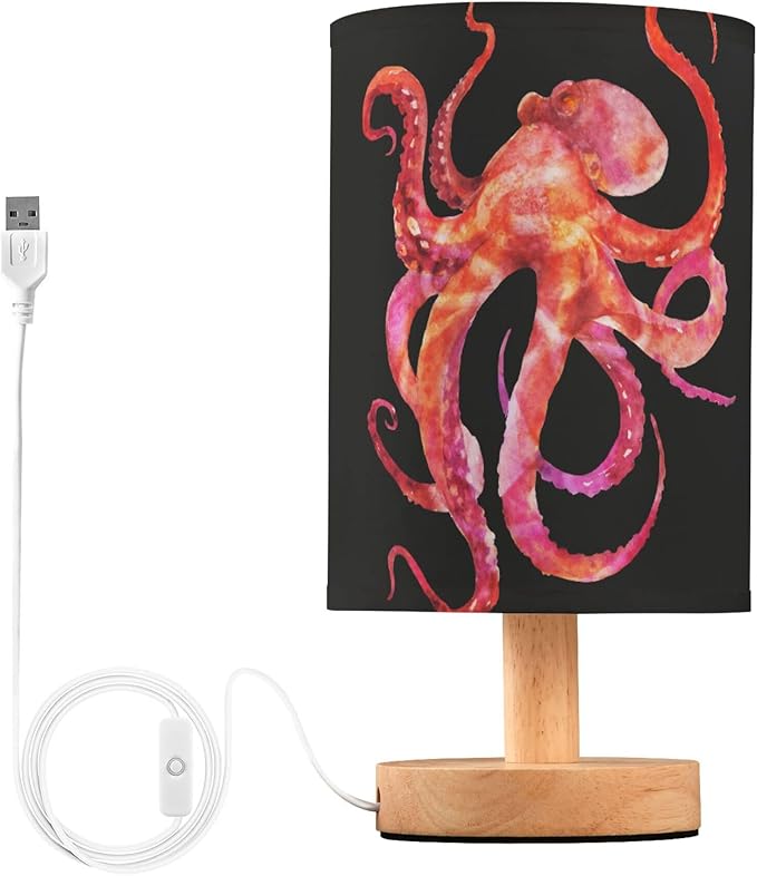 Watercolor Red Pink Octopus with Tentacle Marine Animal Sea Life Table Lamp with Wood Base Fabric Lamp Shade Bedside Nightstand Desk Lamp for Living Room Bedroom Kids Room Office