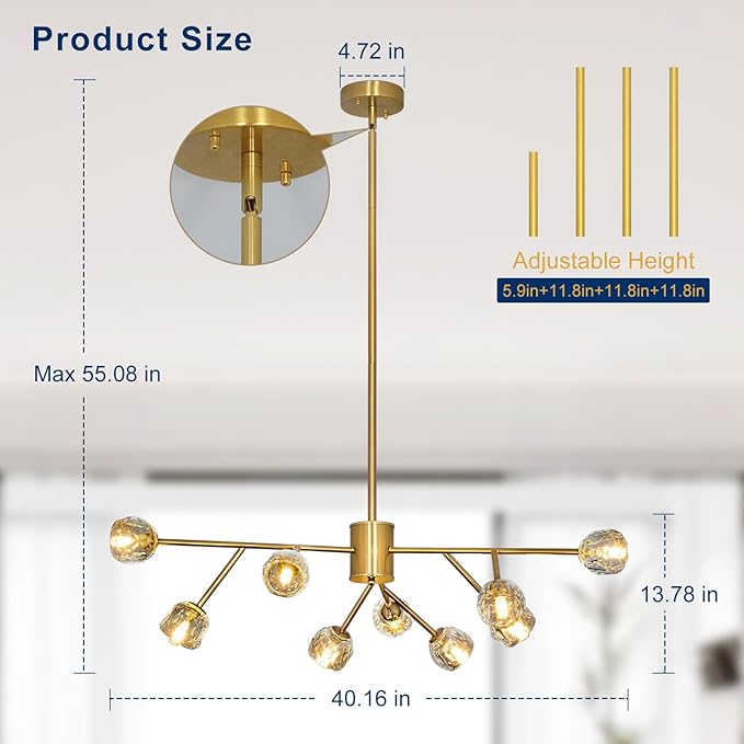 Depuley Modern Gold Sputnik Chandelier: 9-Light Crystal Glass Chandelier for Dining Room - Kitchen Table Light Fixture Mid Century Hanging Lamp Height Adjustable for Foyer (Included G9 Bulbs)