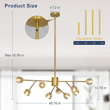 Depuley Modern Gold Sputnik Chandelier: 9-Light Crystal Glass Chandelier for Dining Room - Kitchen Table Light Fixture Mid Century Hanging Lamp Height Adjustable for Foyer (Included G9 Bulbs)