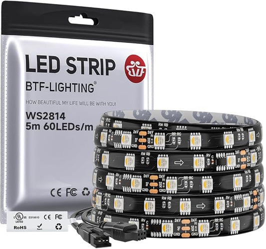 BTF-LIGHTING WS2814 IC RGBW RGB+Cool White (Similar WS2812B),Addressable DC24V 16.4FT 60LED/m 10pixel/m,UL Listed,4 Colors in 1 Dream Color LED Strip IP65 for Home Decor(No Adapter or Controller)