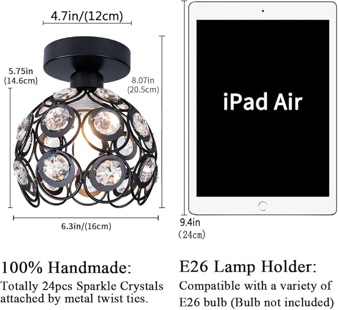 TISLYCO Modern Chandelier Crystal Ceiling Hallway Light, Mini Semi Flush Mount Ceiling Light Fixture Mini Chandelier, Antique Black Metal Crystal Chandelier Lamp Entryway Bedroom Bathroom Kitchen