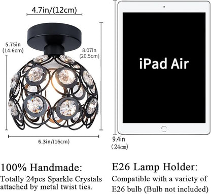 TISLYCO Modern Chandelier Crystal Ceiling Hallway Light, Mini Semi Flush Mount Ceiling Light Fixture Mini Chandelier, Antique Black Metal Crystal Chandelier Lamp Entryway Bedroom Bathroom Kitchen